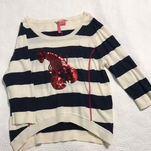 Cream and navy striped sweater with sequin lobster